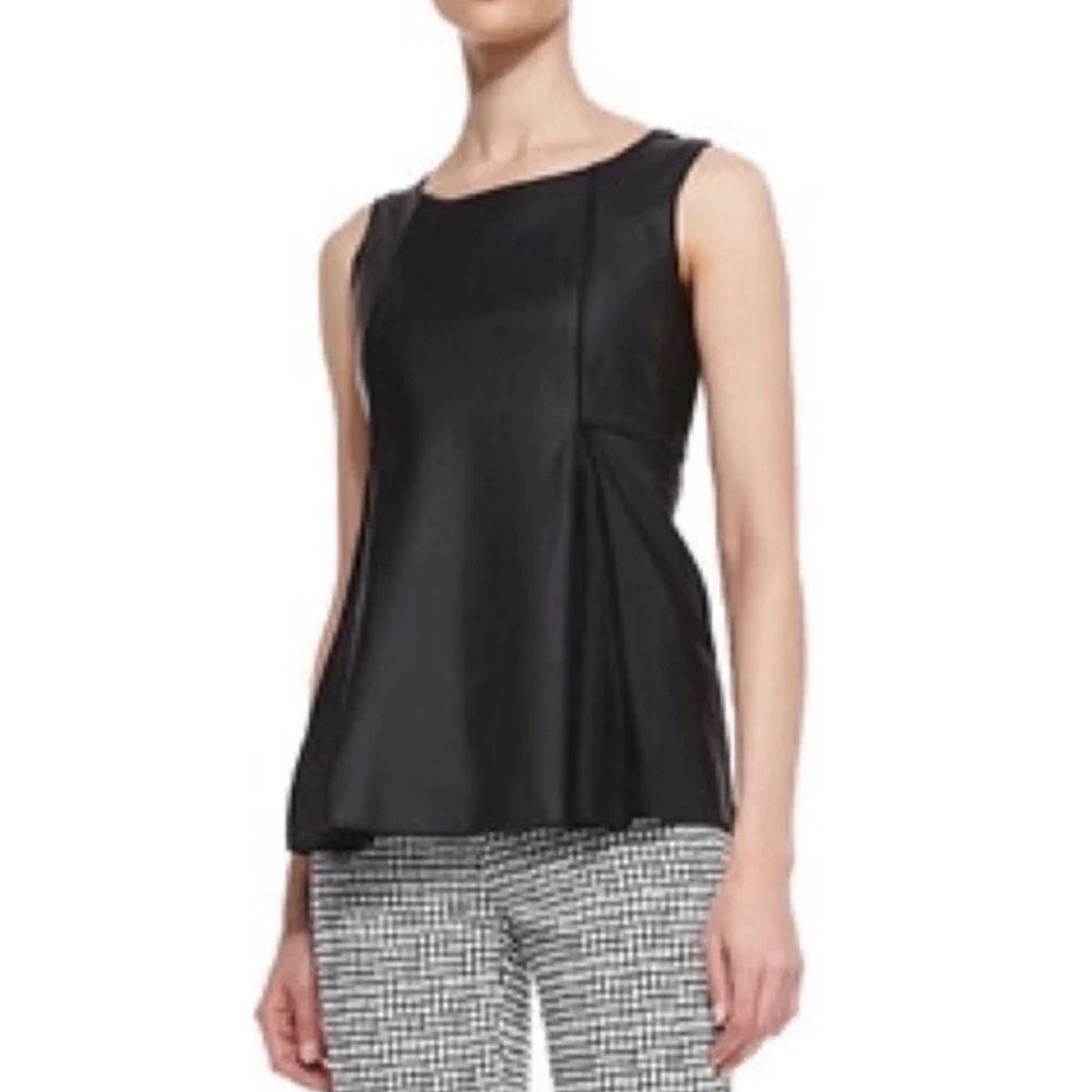 Women’s LAFAYETTE 148 Black Lambskin Leather Linen Peplum Tunic Top Size 10
